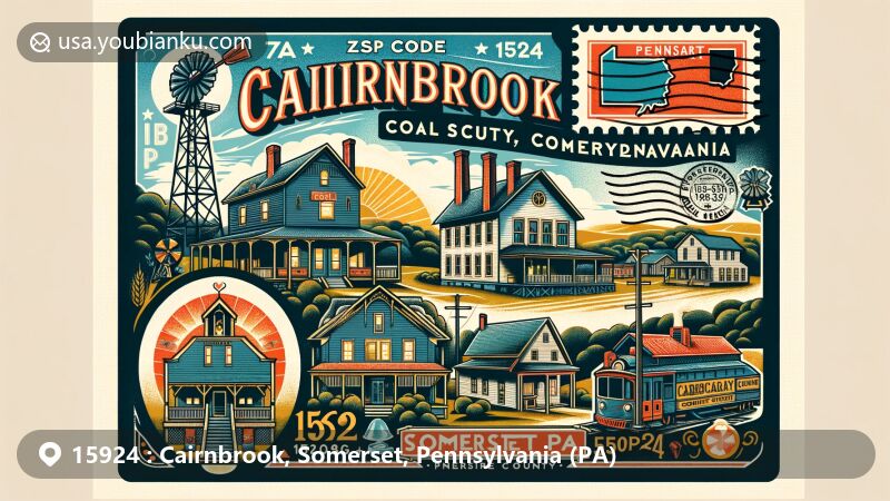 Vintage postcard-style illustration of Cairnbrook, Somerset County, Pennsylvania, highlighting coal mining heritage, miner's house, Prairie School architecture, Pennsylvania state flag, and detailed map outline. Includes creative postage stamp with coal mining symbol and postal mark '15924 Cairnbrook, PA'.