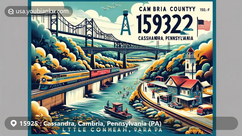 Modern illustration of Cassandra, Cambria County, Pennsylvania, featuring ZIP code 15925, showcasing Little Conemaugh River, Pennsylvania Railroad symbols, and Cassandra Railroad Overlook Bridge.