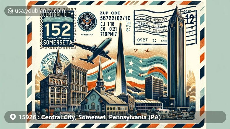 现代插图，展示宾夕法尼亚州萨默塞特县中央城市（Central City）的Flight 93 National Memorial和Tower of Voices等著名地标，背景为复古风格航空邮件信封，集成了展示地标的邮票，ZIP Code 15926醒目展示，并加上邮政取消标记。