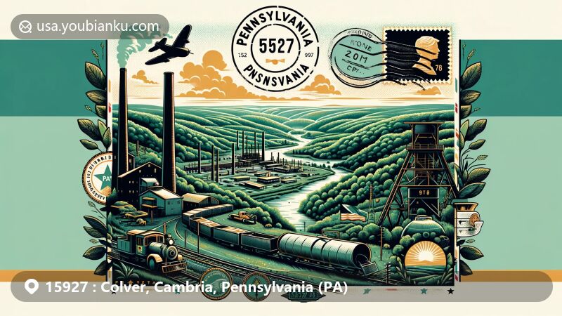 Modern illustration of Colver, Cambria, Pennsylvania, showcasing lush green environment and coal mining heritage, blending vintage postal theme with ZIP code 15927 and Pennsylvania state flag.