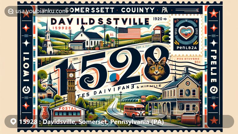 Modern illustration of Davidsville, Somerset County, Pennsylvania, featuring vibrant depiction with local landmarks, natural scenery, and community elements, including Pennsylvania state flag and postal symbols.