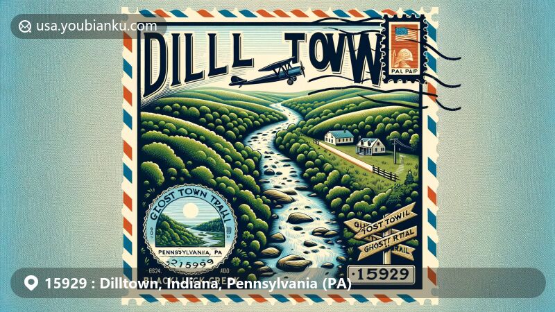 Modern illustration of Dilltown, PA, Indiana County, Pennsylvania, featuring vintage air mail envelope with ZIP code 15929, showcasing Blacklick Creek, Ghost Town Trail, Pennsylvania flag stamp, and Dilltown postmark.