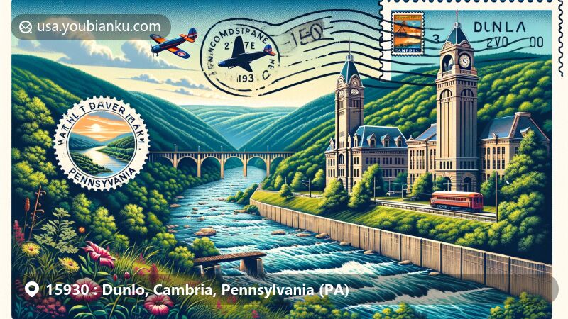 Modern illustration of the Dunlo area in Cambria County, Pennsylvania, representing ZIP code 15930 with natural and historical landmarks like Little Conemaugh River, Johnstown Flood National Memorial, and Staple Bend Tunnel, set in a retro postcard frame with postal elements.