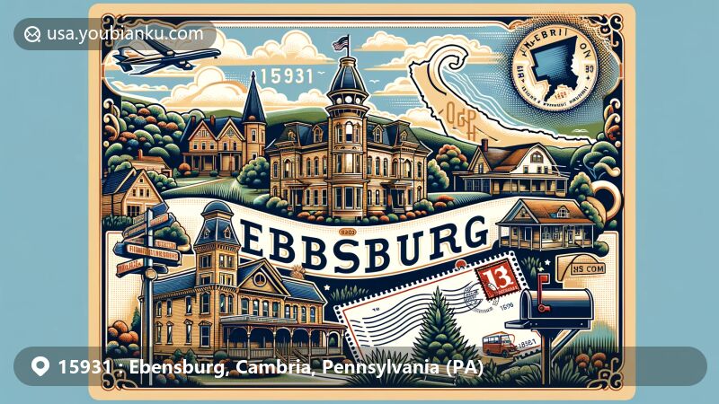 Modern illustration of Ebensburg, Cambria County, Pennsylvania, featuring stylized postcard with prominent '15931' ZIP Code, Victorian buildings, lush landscapes, and classic mailbox symbolizing town's postal history.