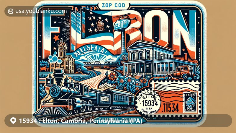 Modern illustration of Elton, Cambria County, Pennsylvania, showcasing postal theme with ZIP code 15934, featuring Pennsylvania state flag, Cambria County outline, Johnstown Flood National Memorial, and Johnstown Inclined Railway.