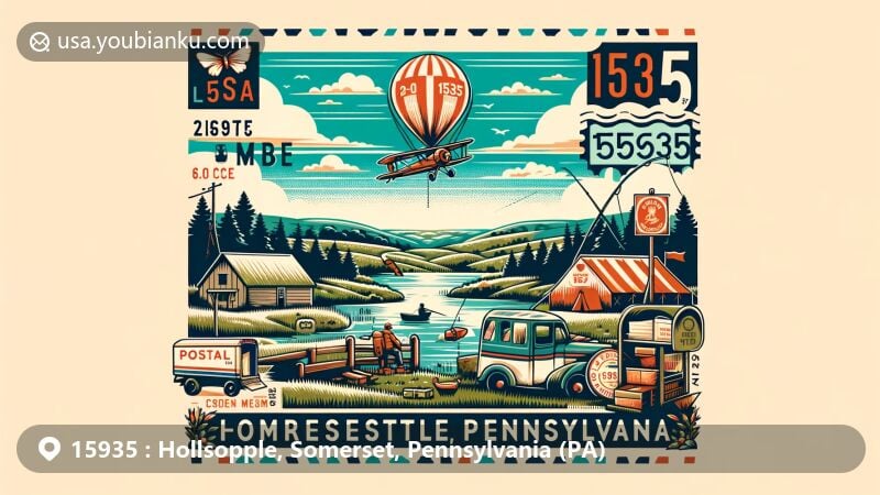 Modern illustration of Hollsopple, Somerset County, Pennsylvania, featuring rural charm, community spirit, outdoor activities, and postal theme with ZIP code 15935.