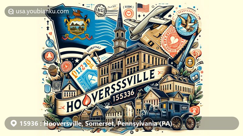Modern illustration of Hooversville, Somerset, Pennsylvania, featuring postal theme with ZIP code 15936, including airmail envelope, stamps, and old postal carriage, emphasizing local geography and historical significance.