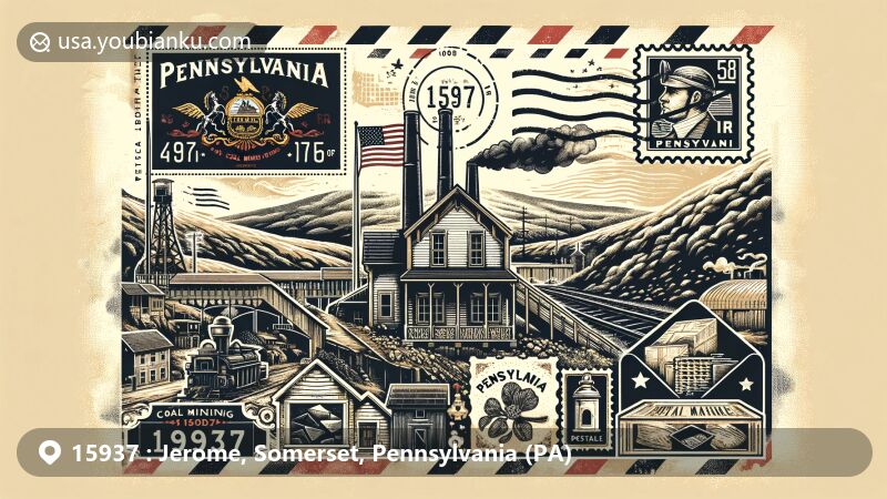 Modern illustration of Jerome, Somerset County, Pennsylvania, showcasing postal theme with ZIP code 15937, featuring coal mining heritage and Pennsylvania state symbols.