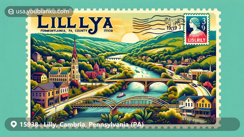 Modern illustration of Lilly, Pennsylvania, featuring ZIP code 15938, showcasing Lilly Bridge and natural beauty, with a vibrant postcard style and postal elements.