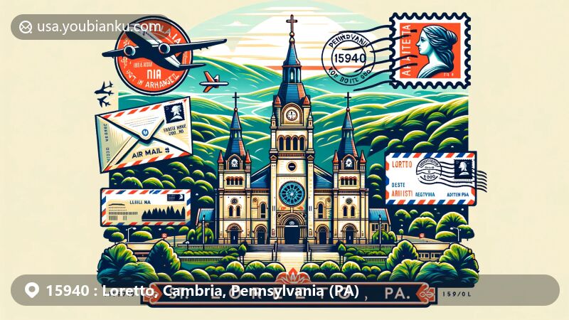 Modern illustration of Loretto, PA, showcasing the Basilica of St. Michael the Archangel, a postal theme with ZIP code 15940, featuring air mail envelope, stamp, and postmark. Background depicts lush Pennsylvania landscape.