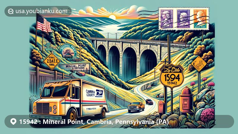 Modern illustration of Mineral Point, Cambria County, Pennsylvania, featuring ZIP code 15942, showcasing Staple Bend Tunnel and historical flood significance, with vibrant postal and regional themes.