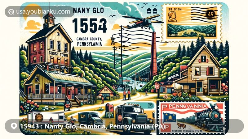 Modern illustration of Nanty Glo, Cambria County, Pennsylvania, showcasing the Ghost Town Trail, Allegheny Mountains, postal elements, and outdoor activities, with town name and ZIP code 15943.