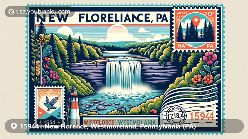 Modern illustration of New Florence, Westmoreland, Pennsylvania, highlighting Buttermilk Falls Natural Area with lush greenery and a beautiful waterfall. Includes Pennsylvania state flag and state outline. Styled as a postcard with envelope, a postage stamp featuring the waterfall, and postal markings, showcasing ZIP code 15944.