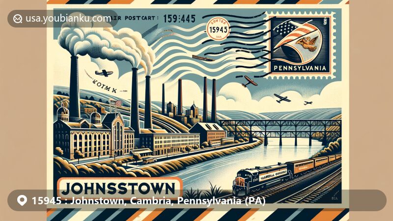 Creative illustration of Johnstown, Cambria County, Pennsylvania, featuring historic landmarks like Johnstown Flood National Memorial and iconic Inclined Plane, with references to industrial heritage and first US railroad tunnel, in a modern postcard design.