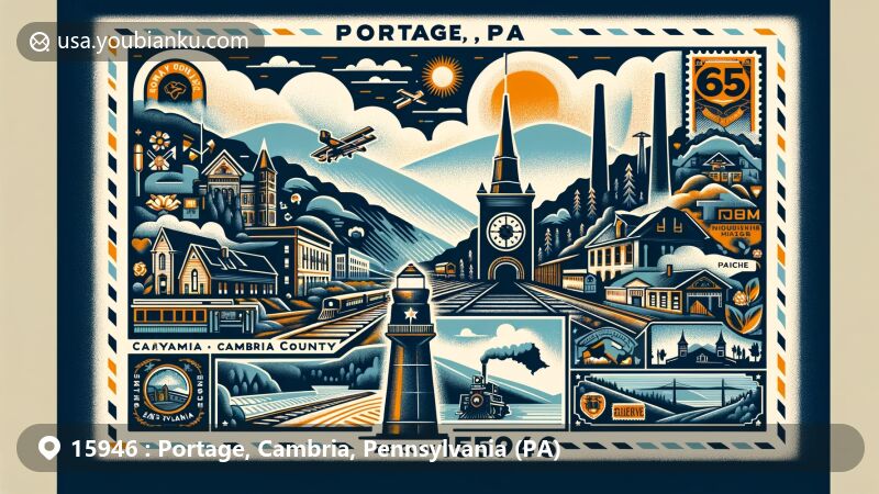 Modern illustration of Portage, Cambria County, Pennsylvania, highlighting ZIP code 15946 area with natural landscapes, industrial heritage, including Sonman Mine Explosion memorial, Century Ribbon Mill, and Leman Machine Company.