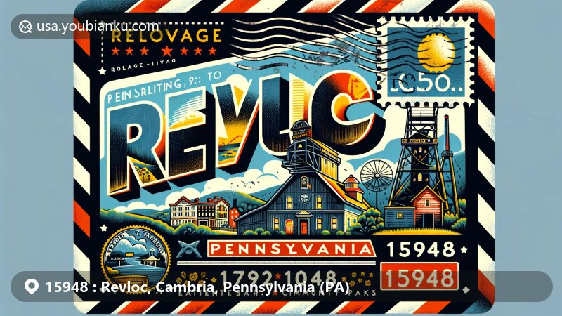 Modern illustration of Revloc, Cambria County, Pennsylvania, featuring a creative airmail envelope style with stamps, postmark, and ZIP code 15948, highlighting geographic location, mining heritage, and Eastern European cultural influences.