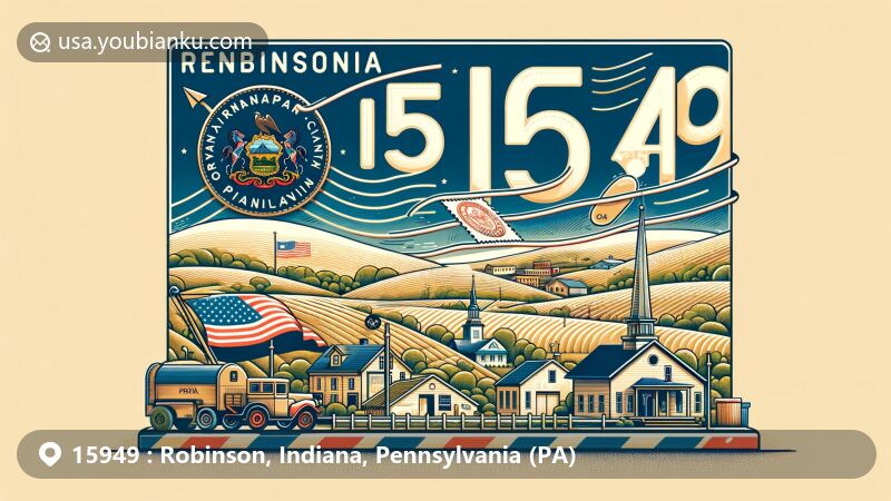 Modern illustration of Robinson, Indiana County, Pennsylvania, highlighting postal theme with ZIP code 15949, featuring Pennsylvania state symbols and rural landscapes.