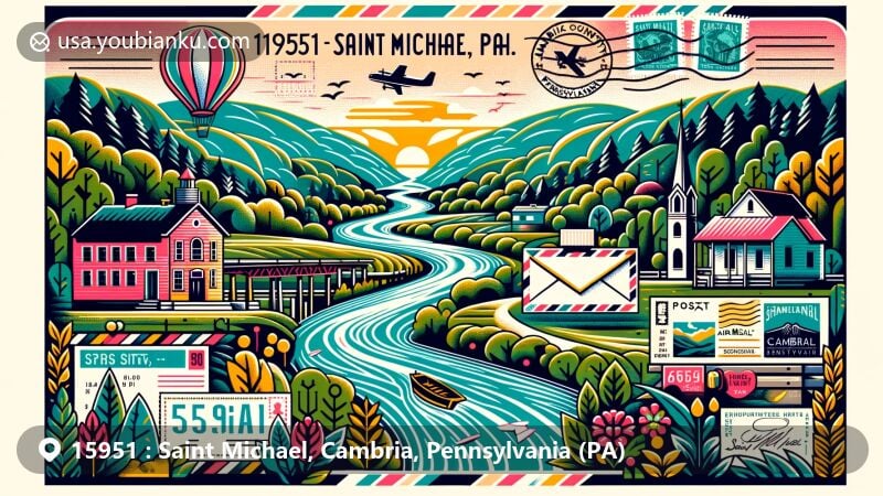 Modern illustration of Saint Michael, Cambria County, Pennsylvania, showcasing natural beauty of the South Fork of the Little Conemaugh River valley, featuring vintage-style postcard with postal stamps and postmark '15951 Saint Michael, PA',