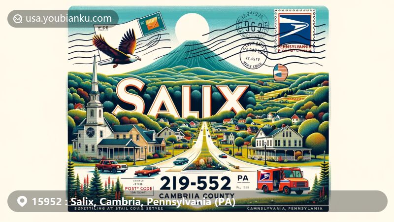Modern illustration of Salix, Cambria County, Pennsylvania, capturing the essence of small community life and postal heritage, featuring ZIP code 15952 and local landmarks.