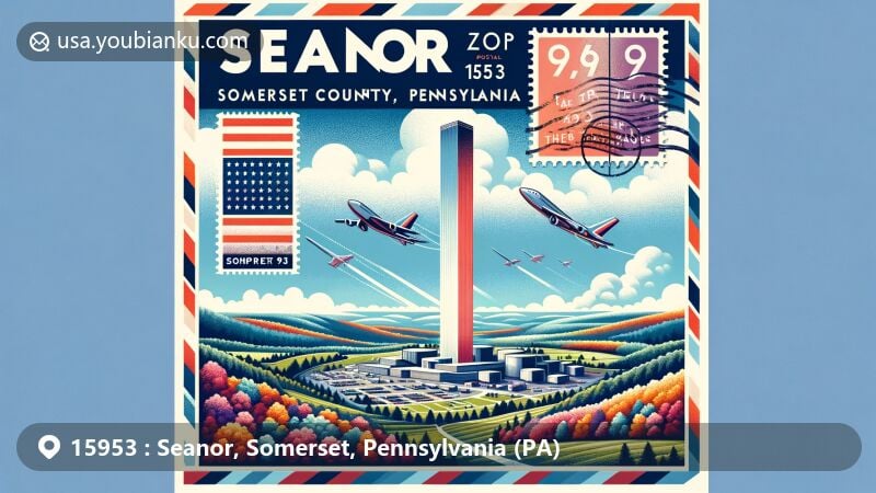 Modern illustration of Seanor, Somerset County, Pennsylvania, highlighting Flight 93 National Memorial with Voice Tower, Laurel Highlands, vintage postal elements, and ZIP code 15953.