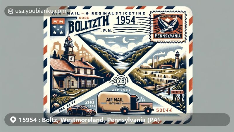 Modern illustration of Boltz, Pennsylvania, showcasing postal theme with ZIP code 15954, featuring Wolf Rocks Overlook, Linn Run State Park lodge, Laurel Mountain State Park, and Keystone State Park.