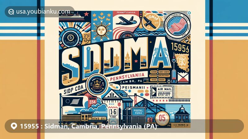 Modern illustration of Sidman, Cambria County, Pennsylvania, featuring postal theme with ZIP code 15955, showcasing Pennsylvania state flag and retro postal elements.