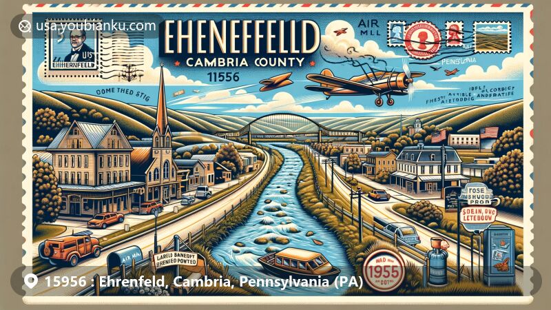 Modern illustration of Ehrenfeld, Cambria County, Pennsylvania, showcasing local geography with the Little Conemaugh River and honoring historical figures such as the inventor of the first alternating current power plant and Charles Bronson. Features a postal theme with vintage air mail envelope, stamps of local landmarks, and ZIP code 15956.