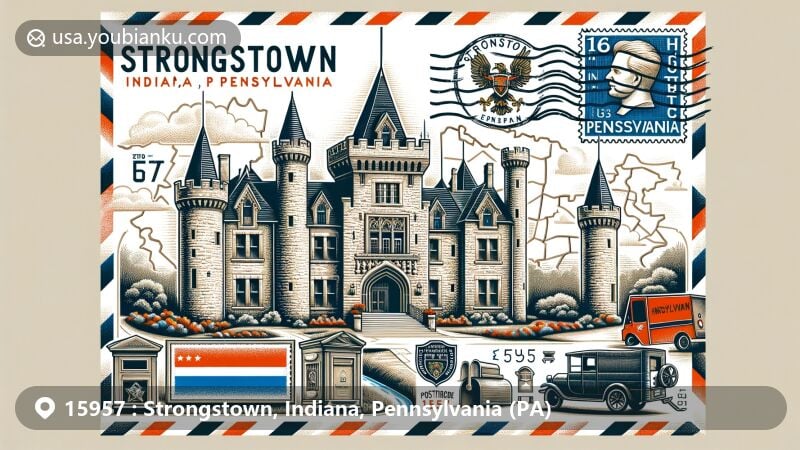 Modern illustration of Dane Castle in Strongstown, Indiana County, Pennsylvania, featuring state flag, postal theme with ZIP code 15957, and historic elements, blending medieval architecture with vibrant colors.