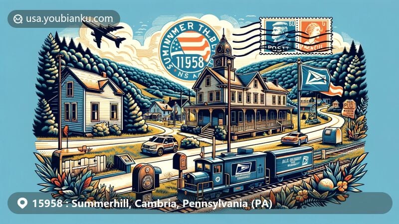 Modern illustration of Summerhill, Cambria County, Pennsylvania, featuring postal theme with ZIP code 15958, showcasing Allegheny Mountains' natural beauty and historical significance like Allegheny Portage Railroad symbols.