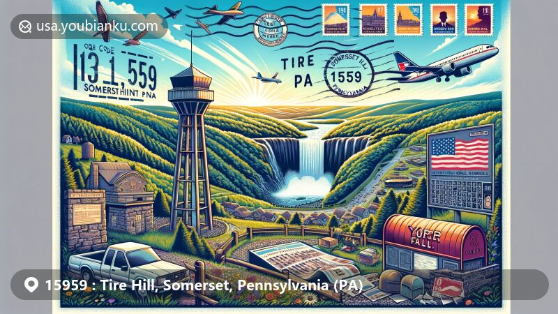 Modern illustration of Tire Hill, Somerset County, Pennsylvania, featuring Mount Davis observation tower, Flight 93 National Memorial, and Yoder Falls, with a vintage postcard layout highlighting ZIP code 15959 and postal elements.