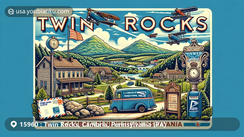Modern illustration of Twin Rocks, PA 15960, showcasing postal theme with airmail envelope, postmark, and vintage postal van against backdrop of hiking trails and state parks, featuring Pennsylvania state flag.