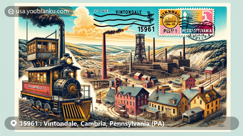 Vintage-style illustration of Vintondale, Cambria County, Pennsylvania, portraying coal mining history with Eliza furnace, beehive coke ovens, coal company houses, and remnants of mining complex, featuring an underground shuttle car, a Pennsylvania state flag stamp, a postmark with 'February 14, 2024' date, and prominent '15961' ZIP code.