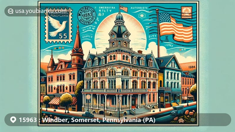 Modern illustration of Windber, Somerset, Pennsylvania (PA), merging historical charm with postal elements, featuring Colonial Revival and Queen Anne architecture of Windber Historic District, including Windber Trust Company and Arcadia Theater, highlighting postal details like postmark, postage stamp with Pennsylvania state flag, and artistic representation of ZIP code 15963.