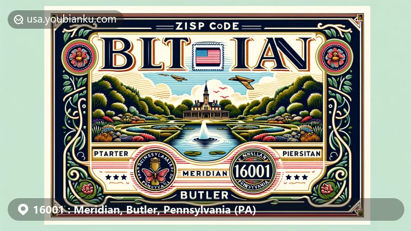 Modern illustration of Meridian, Butler, Pennsylvania, showcasing postal theme with ZIP code 16001, featuring stylized Preston Park with English garden, ponds, wooded areas, and symbolic elements of Butler, Pennsylvania. Design mimics vintage air mail envelope style with Pennsylvania state flag stamp and postal cancellation mark.