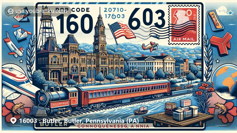 Modern illustration of Butler, Pennsylvania, showcasing postal theme with ZIP code 16003, featuring downtown area, Connoquenessing Creek, and industrial heritage, including steel manufacturing and Pullman-Standard railcar.