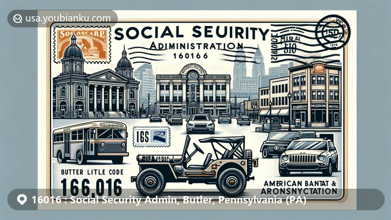 现代插图展示了宾夕法尼亚州巴特勒的社会保障管理局和城市风貌，突出其历史和工业遗产，设计采用复古风格的明信片布局，展示了巴特勒小剧场、Maridon博物馆和标志性吉普车等地标，带有邮政元素如邮票、邮戳和ZIP码16016。