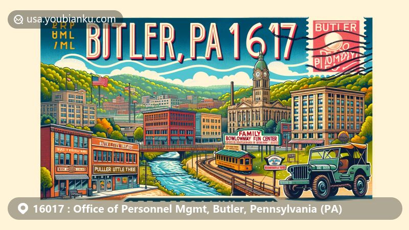 Modern illustration of Butler, Pennsylvania, highlighting historical landmarks and postal theme with ZIP code 16017, featuring downtown area, Butler Little Theatre, and tributes to steel manufacturing history like Pullman-Standard, plus natural beauty of Connoquenessing Creek.