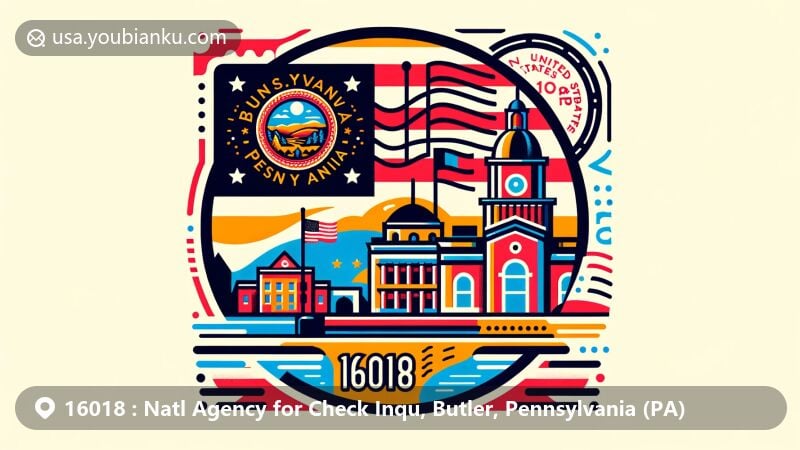 Modern illustration of Butler, Pennsylvania, highlighting ZIP code 16018 and integrating the state flag of Pennsylvania, featuring a city landmark or scenic view, with postcard design elements and American flag symbol.