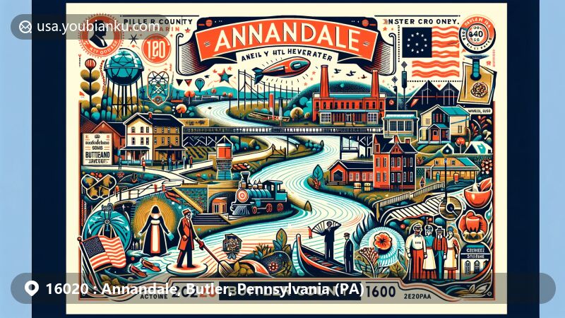 Modern illustration of Annandale, Butler County, Pennsylvania, showcasing historical and cultural diversity with symbols representing early settlers, industrial influence, and immigrant contributions, featuring Connoquenessing Creek and local landmarks like Mars Flying Saucer and Butler Blue Sox.