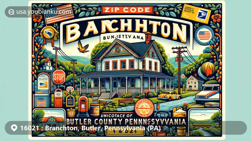 Modern illustration of Branchton, Butler County, Pennsylvania, showcasing postal theme with ZIP code 16021, featuring rural landscapes, local community spirit, vintage postcard design, and Pennsylvania state flag.