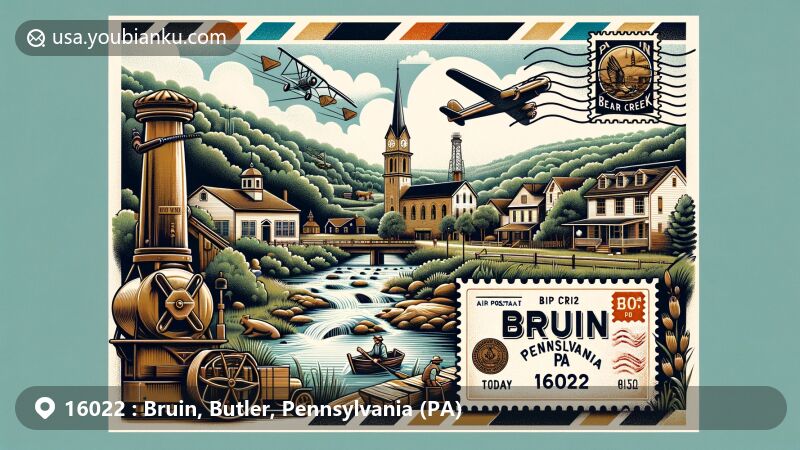 Modern illustration of Bruin, Pennsylvania, showcasing postal theme with ZIP code 16022, featuring Bear Creek, historical elements, 19th-century oil boom, and small-town life.