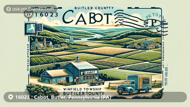Modern illustration of Cabot, Butler County, Pennsylvania, capturing rural charm and postal theme with ZIP code 16023, featuring Winfield Township and postal service elements.