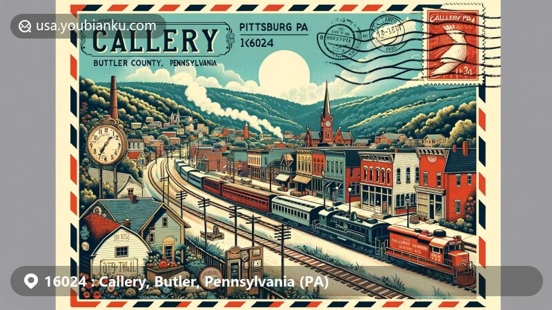 Modern illustration of Callery, Butler County, Pennsylvania, featuring vintage postal elements like stamps, postmark 'Callery, PA 16024', and quaint town scenery nestled in Breakneck Creek valley.