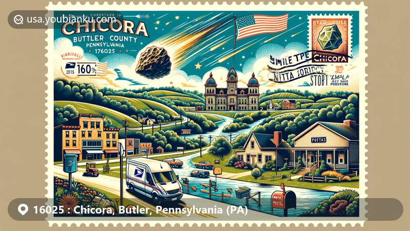 Modern illustration of Chicora area, Butler County, Pennsylvania, showcasing postal theme with ZIP code 16025 and Chicora Meteor story, featuring postal elements and local charm.