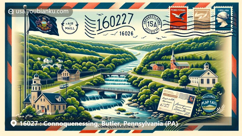Modern illustration of Connoquenessing, Butler County, Pennsylvania, featuring postal theme with ZIP code 16027, showcasing lush landscapes and Connoquenessing Creek, integrating Pennsylvania state symbols.