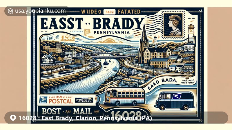 Modern illustration of East Brady, Pennsylvania, featuring ZIP code 16028, Allegheny River, postage stamp, postmark, and vintage mailbox or mail truck.