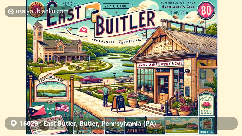 Modern illustration of East Butler, Pennsylvania, in Butler County, showcasing vibrant postcard with Anna Marie's Winery & Cafe, Moraine State Park, Pullman Park, and The Maridon Museum, framed with Pennsylvania heritage and postal elements.
