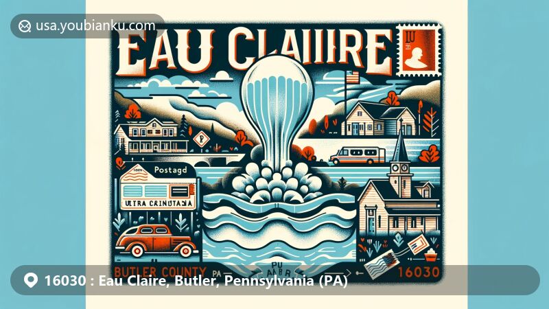 Modern illustration of Eau Claire, Butler County, Pennsylvania, featuring postal theme with ZIP code 16030, blending clear waters, rural landscapes, and traditional post imagery.