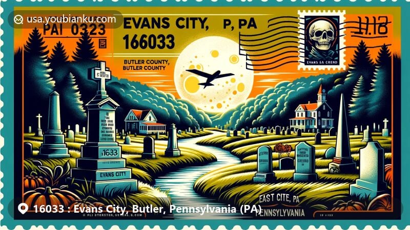 Modern illustration of Evans City, Butler County, Pennsylvania, showcasing postal theme with ZIP code 16033, featuring iconic Evans City Cemetery, scenic Breakneck Creek, and traditional postal elements.
