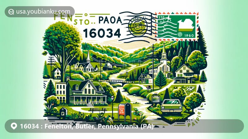 Modern illustration of Fenelton, Pennsylvania, showcasing green spaces, quaint shops, and a hint of hiking trails, with a vintage postal theme featuring a postcard or airmail envelope design labeled 'Fenelton, PA 16034' and a mailbox.